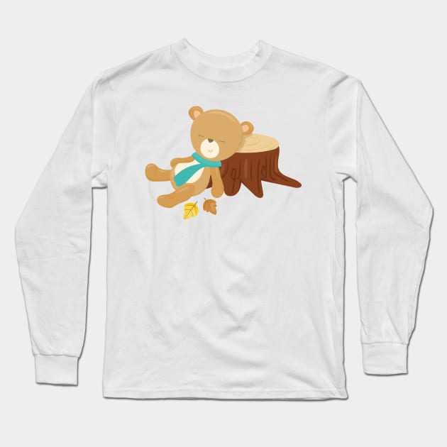 Autumn Bear, Cute Bear, Sleeping Bear, Tree Stump Long Sleeve T-Shirt by Jelena Dunčević